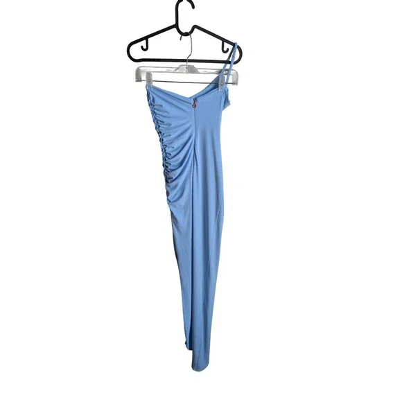 bandeau bodycon maxi dress Momyknows Blue Mesh Ruched Bandeau Scarf Strapless Bodycon Maternity Maxi Dress Blue / S